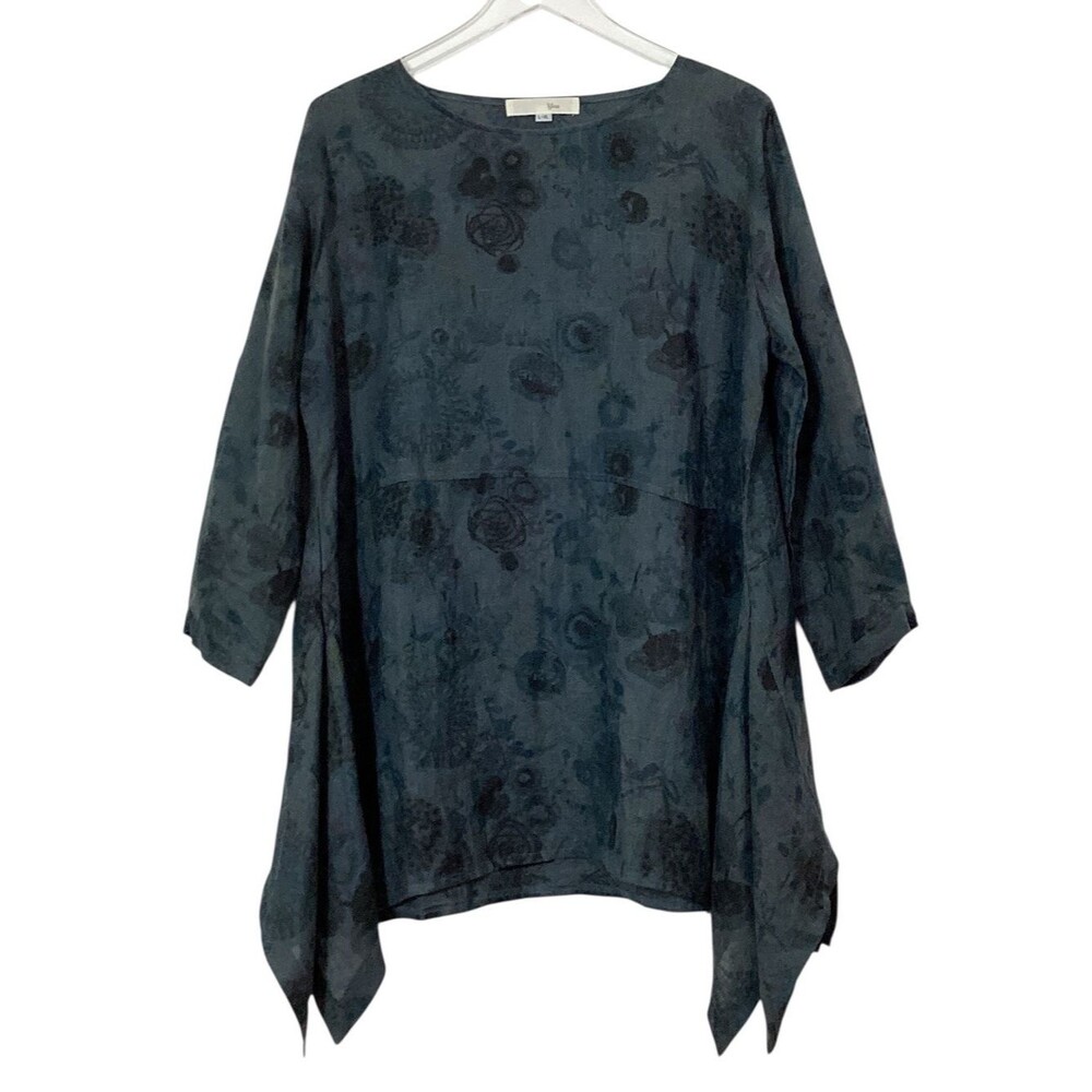 YEA Linen Tunic Dress L / XL Blue Gray Floral Print Handkerchief Hem Oversized